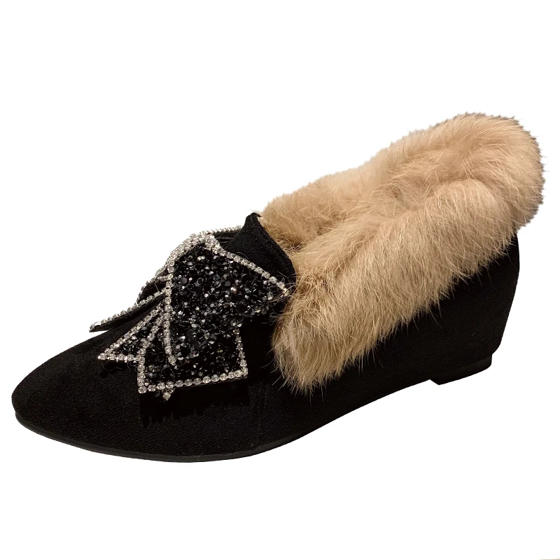 

Slip On Shoes For Women Loafers Fur Casual Female Sneakers Flats Bow-Knot Increas Height Clogs Platform All-Match Pointed Toe Sl