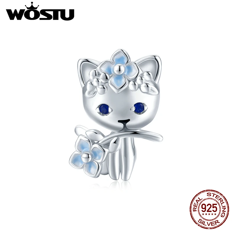 

WOSTU 100% 925 Sterling Silver Bead Cat Elf Charm Enamel Flower Pendant Fit Original Bracelet Necklace DIY Jewelry CTC394