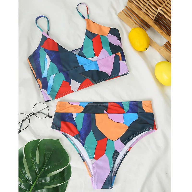 

Mossha Multicolor sexy bikini set Bandeau high waist bikini 2020 Push up swimwear Retro women's swimsuit Printed bathing suit
