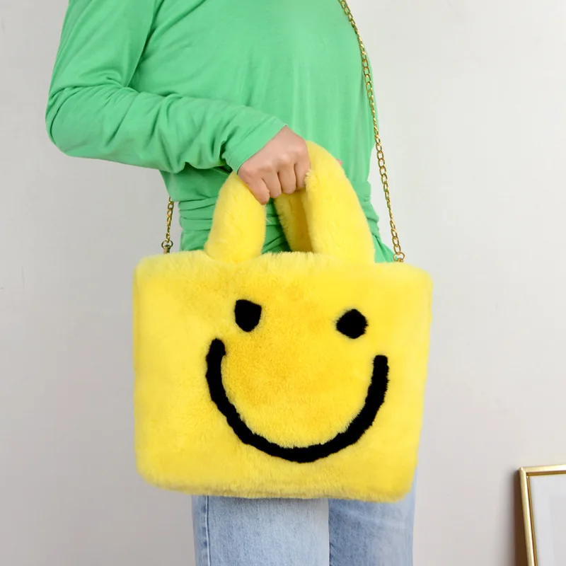 

Plush Smiley Face tote Cute Women Shoulder Bag Soft Faux Fur Ladies Chain Messenger Bags Fashion Female Small Purse Handbags