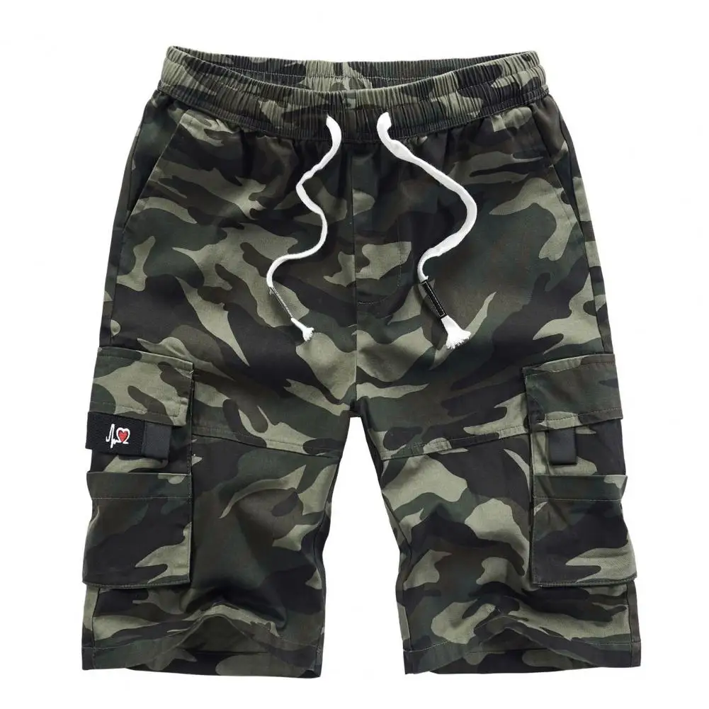 

Summer Trendy Cargo Shorts Camouflage Skin-friendly Heart Embroidery Men Multi Pockets Sportswear Drawstring Shorts