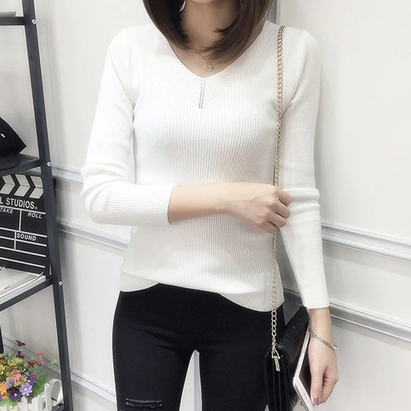 

2021 Autumn Winter Basic Sweater Cotton Blend Casual V-Neck Pullovers Female Long Sleeve Jumpers Women Knitted Sweaters White