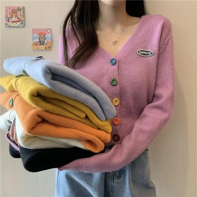 

Korean Autumn Cropped Cardigan Sweaters With Button Women Casual V Neck Long Sleeve Sweater Women Knitted Cardigan