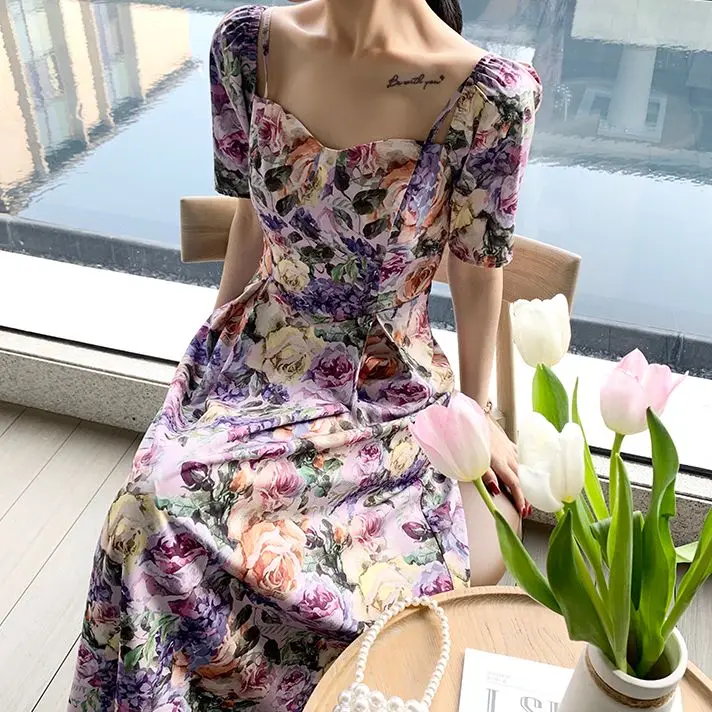 

French Summer Women'S Retro Mid-Length Skirt Female Korean Casual Short-Sleeved Floral Suspender Skirt Chic Evening Dress 2021