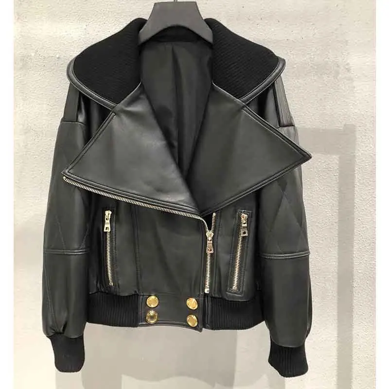 

Cosmicchic 2021 Women Winter Bomber Zipper Leather Jacket Genuine Sheepskin Coat Long Sleeve Turn Down Collar Gold Button Punk