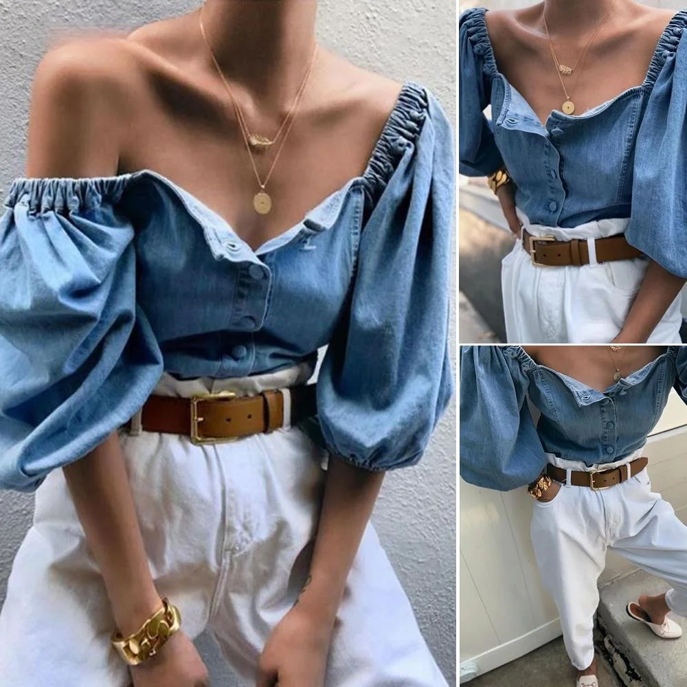

2021 Casual Loose Summer Female Vintage Shirts Blouse Plus Size Fashion Women Off Shoulder Puff Sleeve Denim Rerto Blouses Tops