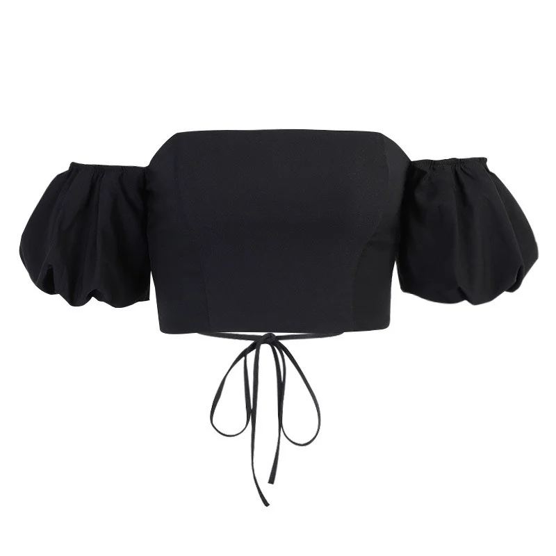 

Sexy Off-The-Shoulder Bandage T-shirt With Puff Sleeves Crop Top Women's 2021 Summer Black Fashion Short Gothic Streetwear