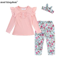 mudkingdom rib girls outfit with headband ruffle floral girl spring pants set for toddler girl clothes children pant suit