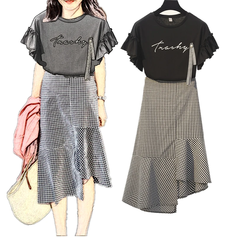 Большой размер корейский комплект из двух предметов для женщин 2020 летние топы с