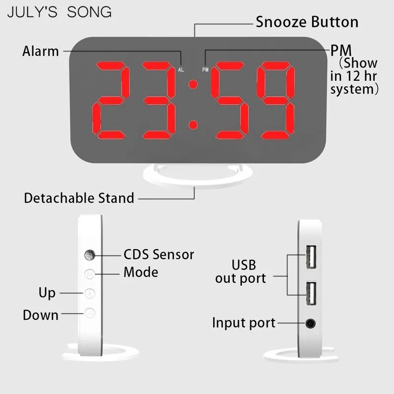 JULY'S SONG зеркальный Будильник цифровой светодиодный часы USB телефон зарядка электронные часы Настольный Повтор Авто регулируемые световые часы