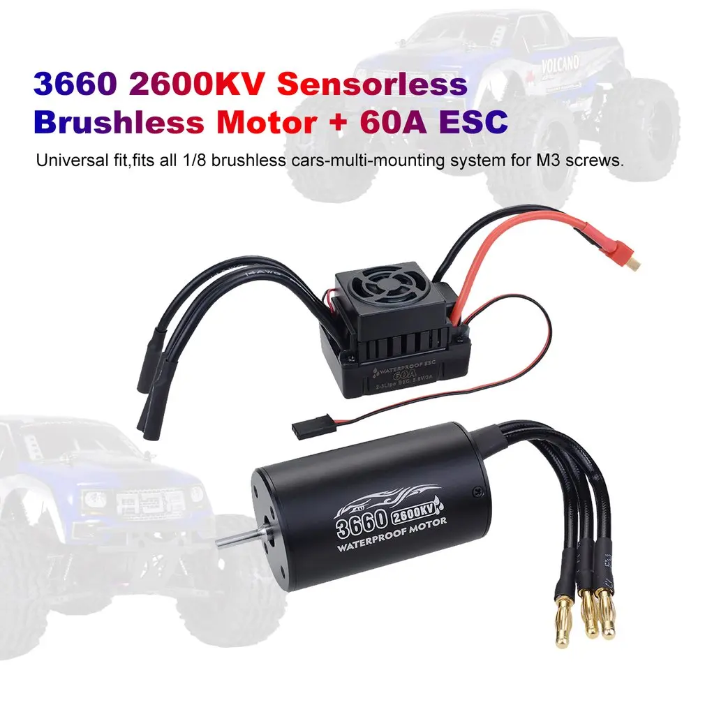 Waterproof Motor Kit 3660 2600KV/3300KV Brushless Senseless Motor and 60A Brushless ESC Combo Set for 1/10 RC Car Boat Model Toy