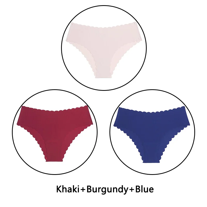 Khaki Burgundy Blue 3 шт./партия, сексуальные трусики с оборками женский сексуальный бесшовный трусики с низкой посадкой, однотонное мягкое нижнее белье, женские Ультра тонкие трусики, нижнее белье - Цвет: Khaki Burgundy Blue