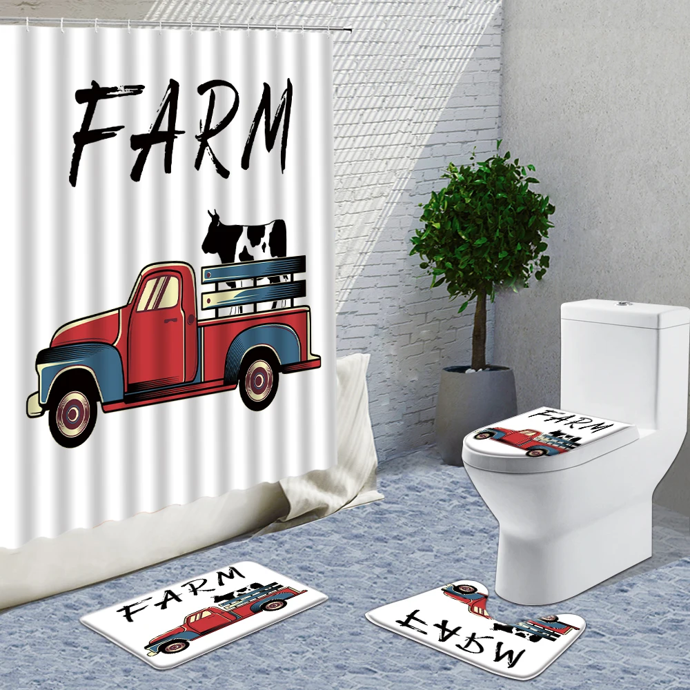 

Farm Animals Shower Curtain Set Hand Drawn Cow Bath Decor Curtains Non-Slip Toilet Mat Rug 4-Piece Set Bathroom Things For Home