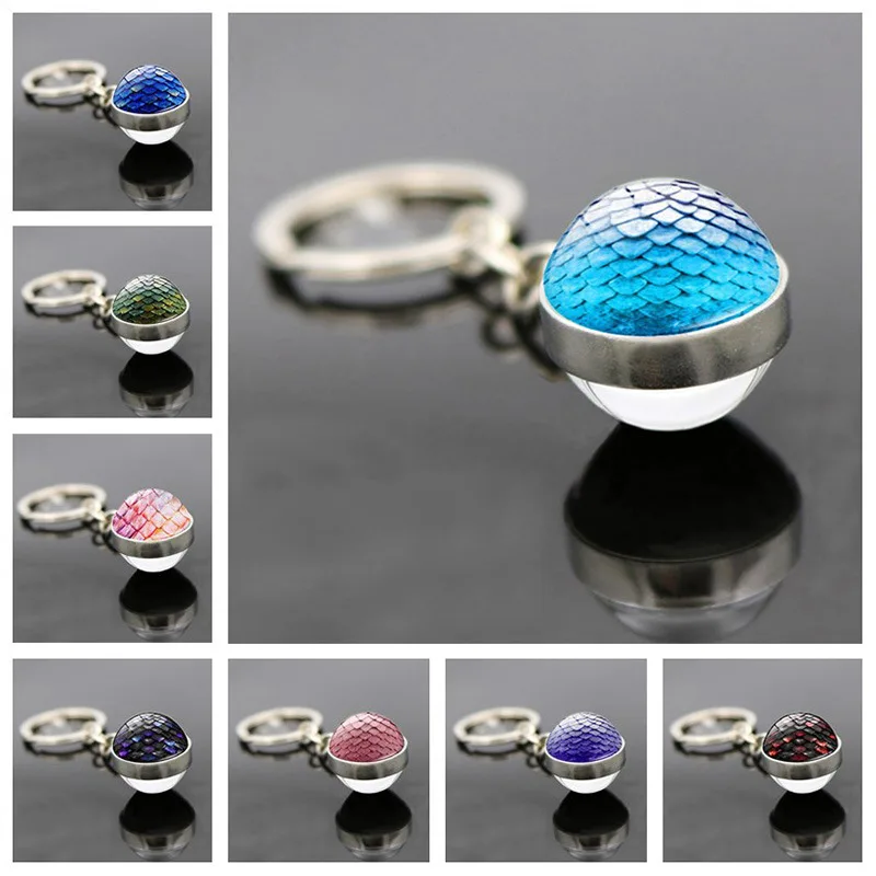 

WG 1pc Dragon Egg Time Gem&stone Metal Cabochon Keychain Keyrings Pendant Double-sided Glass Ball Keychain Jewelry