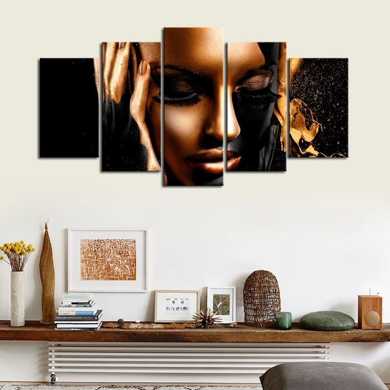 

5 шт. картины современного искусства черного золота африканская Женская Художественная печать Настенный декор холст модный постер печать х...
