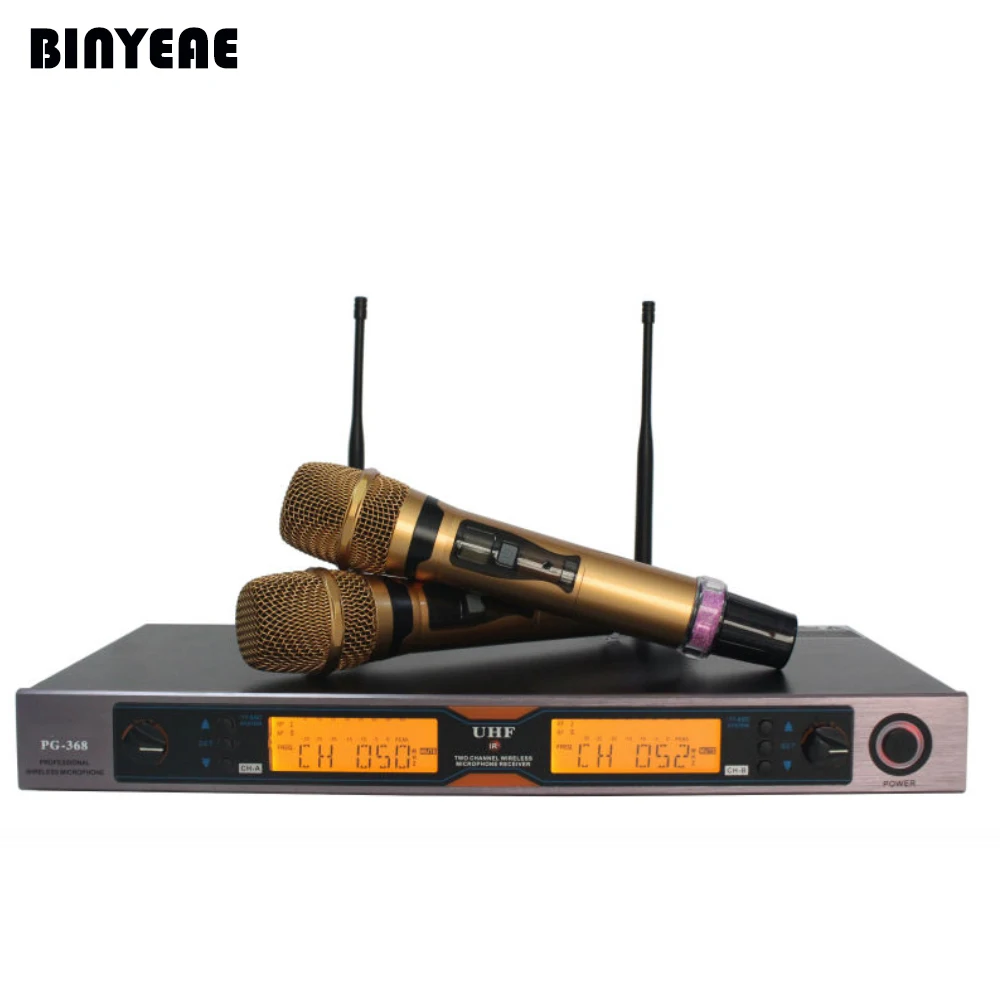 BINEAE PG-368 Dual Channel Dynamic Professional 2 Handheld Cordless Microphone for Home Theatre Karaoke Music System Gold Metal |