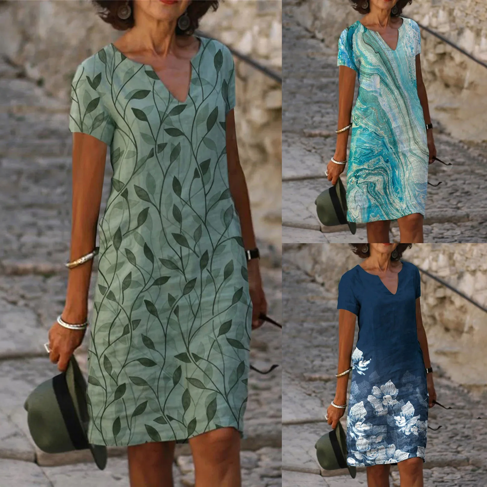 

women's Short Sleeve Fashion dresses for women Summer Casual V-Neck Print large size midi Dress vestido verano mujer robe femme