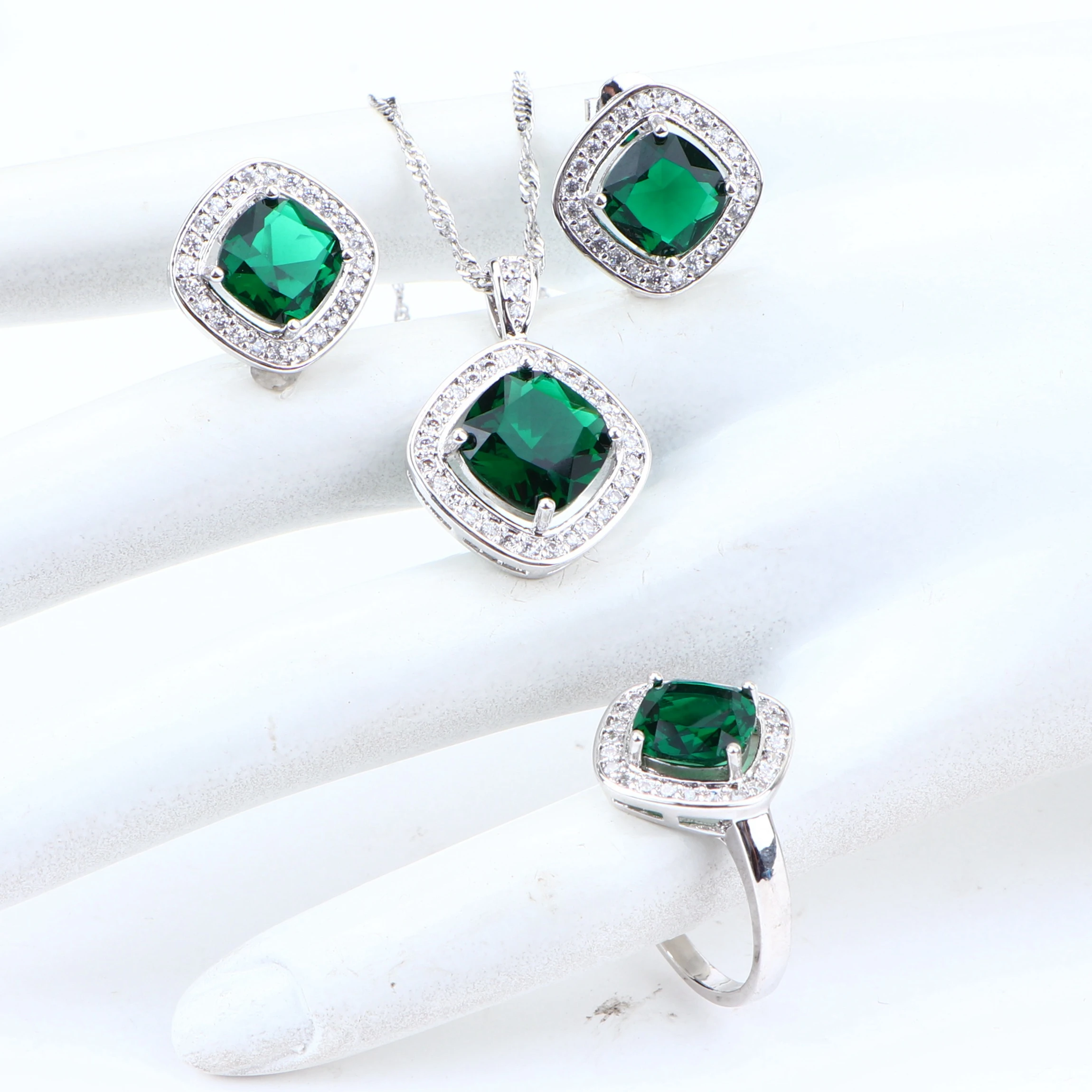 Циркониевый свадебный ювелирный набор 925 Серебряный Зеленый Камень женские