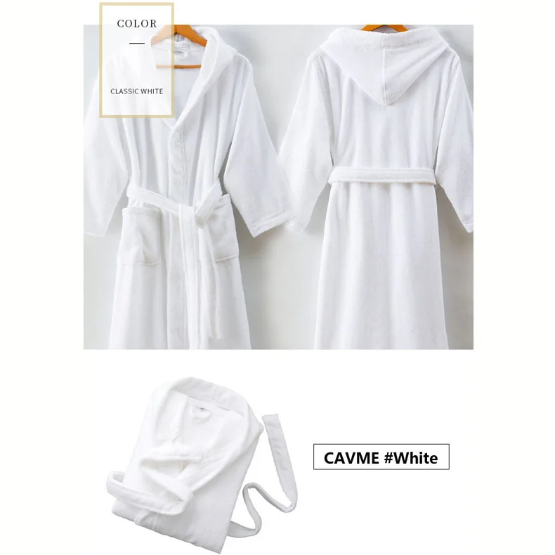 CAVME 1 White Халат из чесаного хлопка и махровой ткани с капюшоном, халат для женщин и мужчин, длинные халаты размера плюс, халаты для отелей, плотная длинная ночная рубашка для отдыха - Цвет: CAVME 1 White