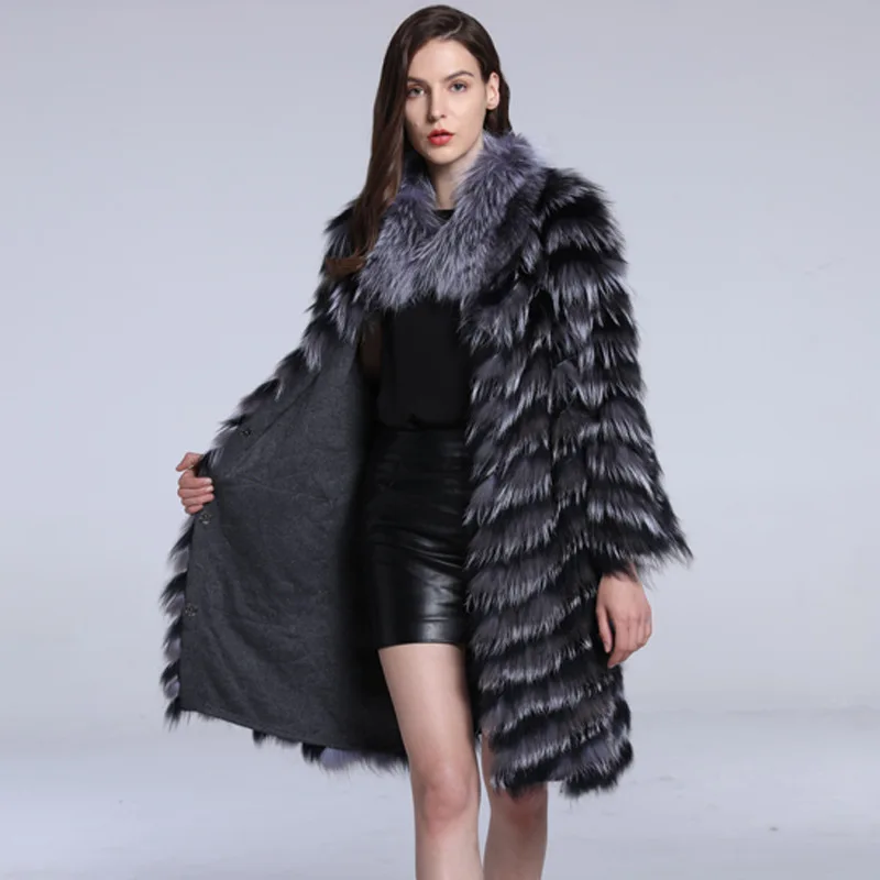 2020 New Style Natural Fox Fur Clothes Winter Warm Thick Long Full Sleeve Fox Collar Outwear Splicing Design Real Fur Coat Women