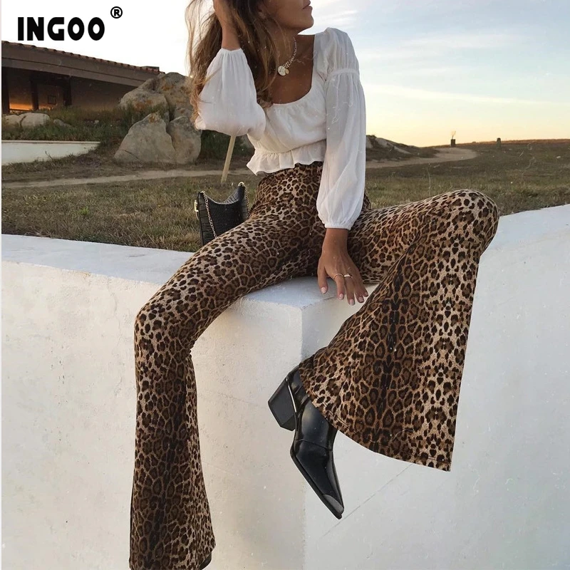 Женские леопардовые расклешенные брюки INGOO Осенние леггинсы с эластичной