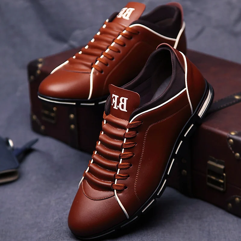 Spring Autumn New Men Shoes Casual Sneakers Fashion Solid Leather Shoes Formal Business Sport Flat Round Toe Light Breathable