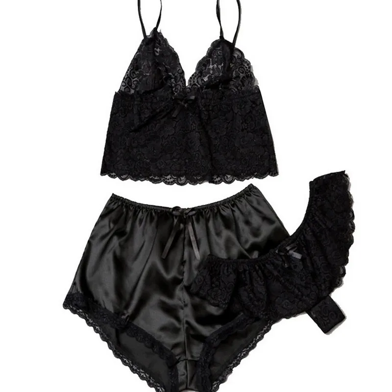

Summer Womens Erotic Lingerie 3Pcs Set Sexy Camisole Shorts Thong Pajamas Sets Solid Color Lace Home Clothes Three Piece Suit