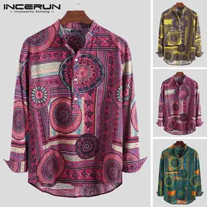 INCERUN, 2020, хлопковая рубашка в этническом стиле, Мужская винтажная рубашка с воротником-стойкой и принтом, повседневные рубашки с длинными рукавами, Camisa, S-5XL, уличная одежда