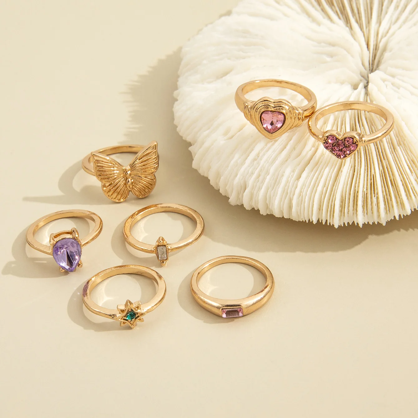 Sindlan 7Pcs Y2k Butterfly Gold Color Rings for Women Kpop Cute Multi Crystal Heart Vintage Fashion Jewelry Anillos Mujer - купить по