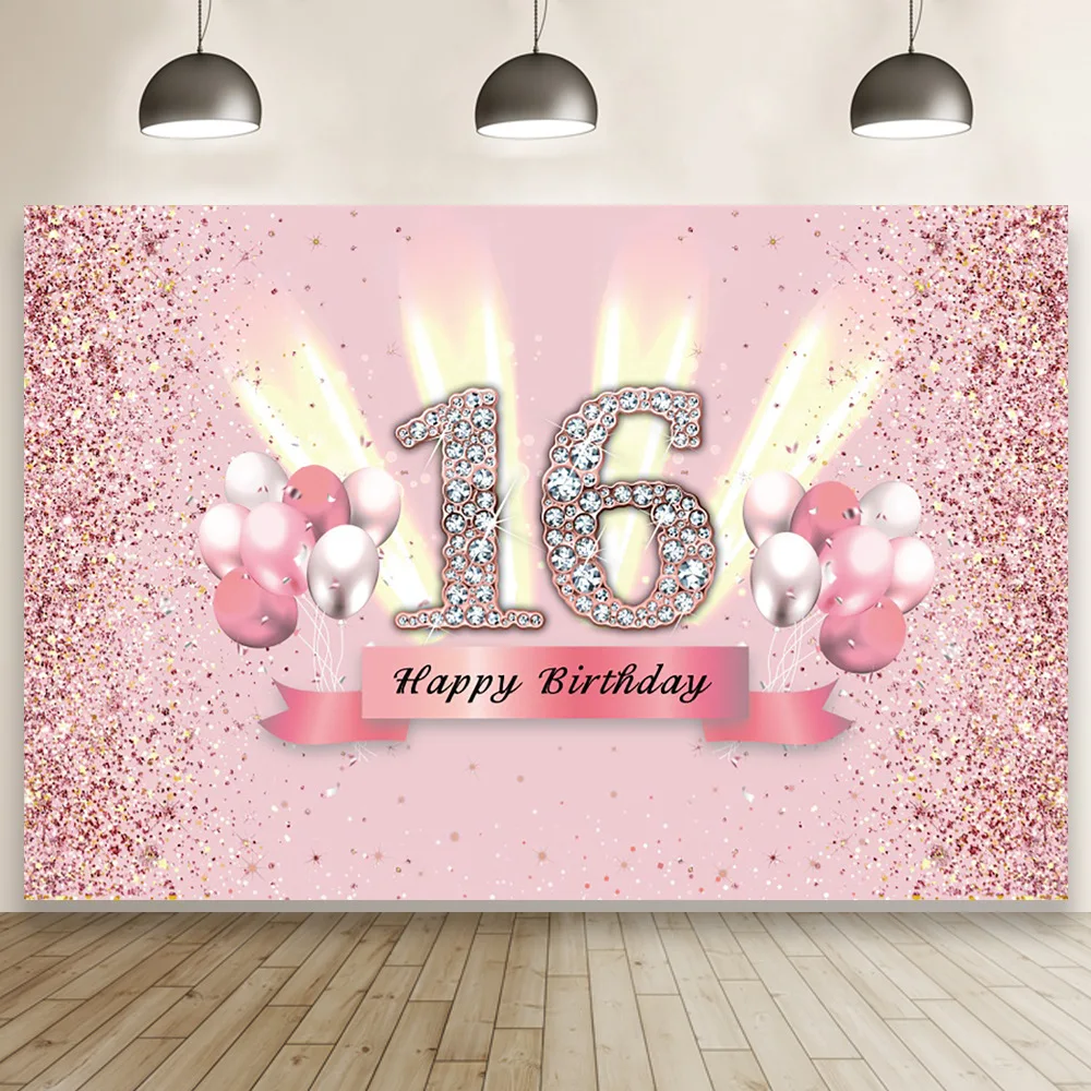 

Sweet 10th 16th 18th 20th 30th 40th 50th Birthday Photography Backdrop Pink Balloons Diamonds Glitters Women ladies Birthday Pa