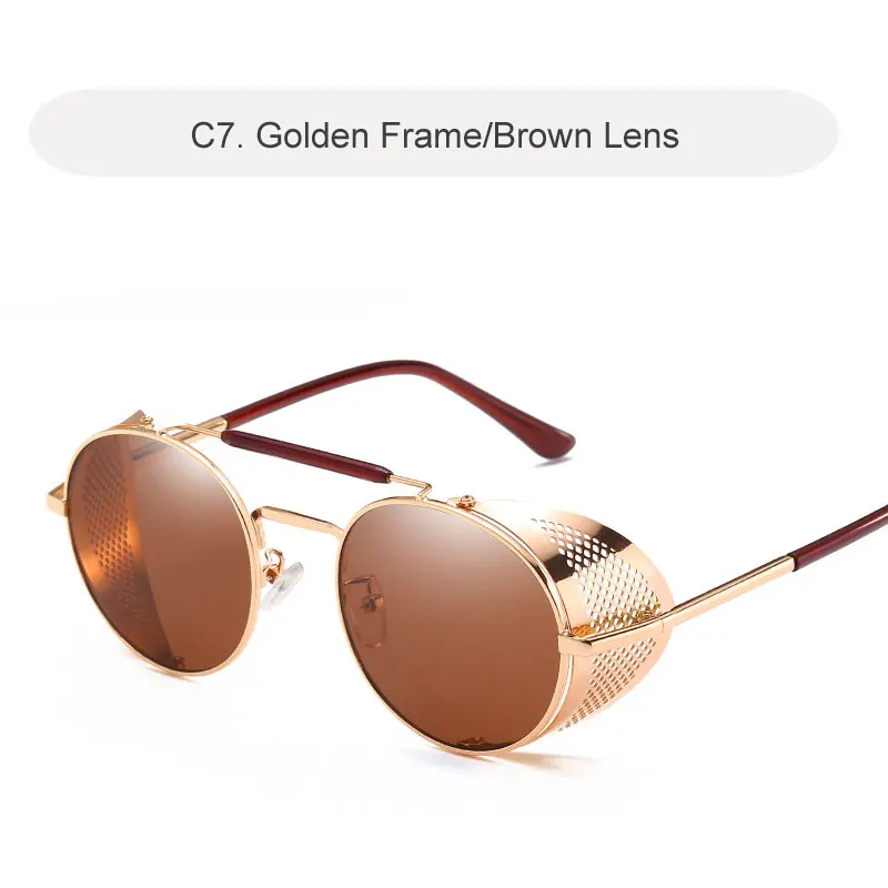 C7 Golden-Brown Готические солнцезащитные очки в стиле стимпанк для мужчин и женщин круглый металлический Ретро рамка мужские солнцезащитные очки Брендовые дизайнерские Панк мужские очки - Цвет линз: C7 Golden-Brown