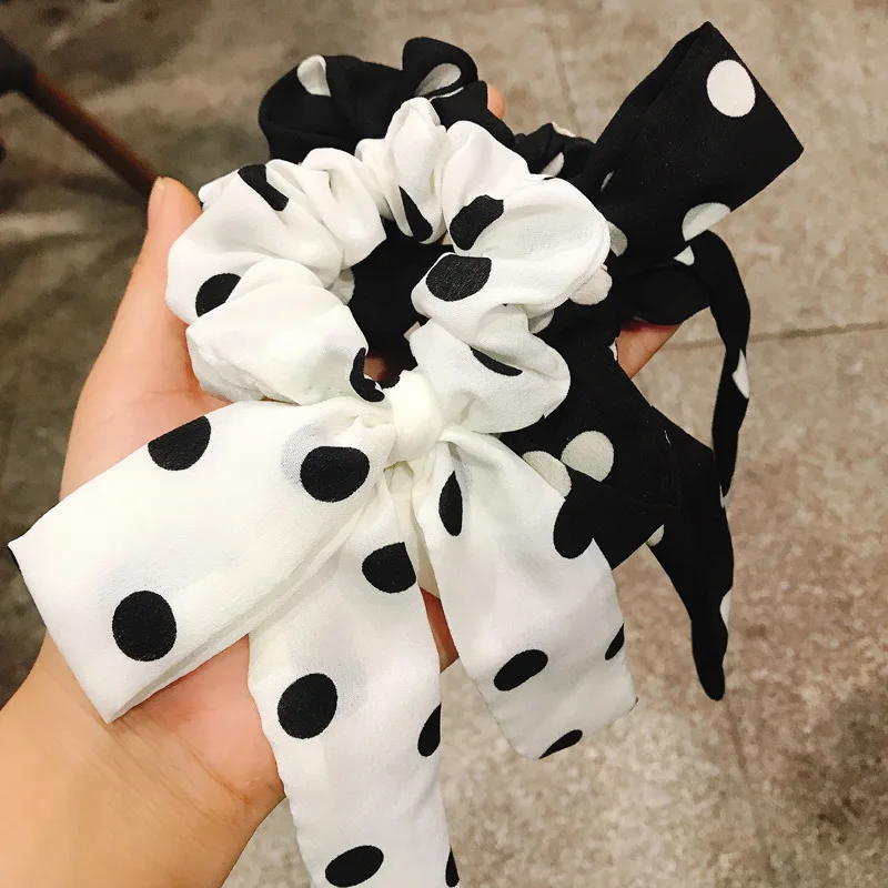 Vintage Dots Women Headwear Turban Bow Streamers Hair Scrunchies Ribbon Ties Horsetail Head Wrap Accessories |