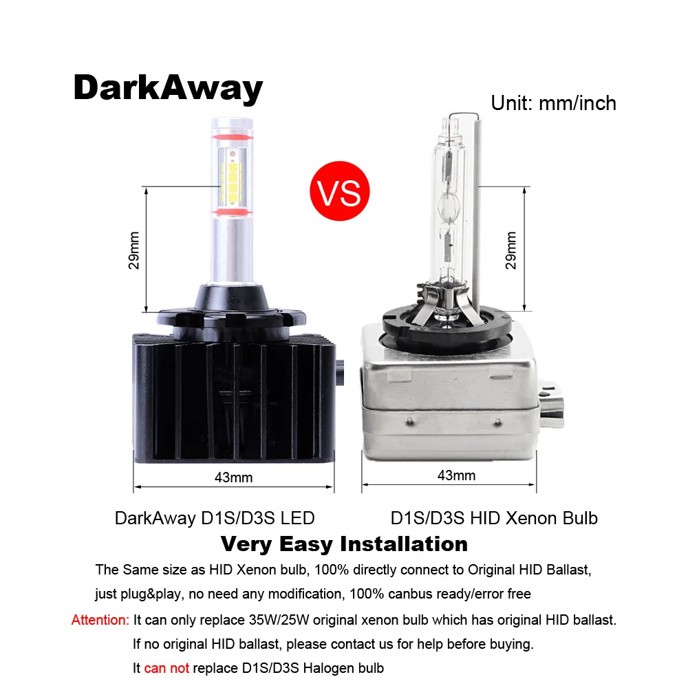Автомобильные светодиодные лампы DarkAway D1S D2H D3S D4S D5S D8S такого же размера как и