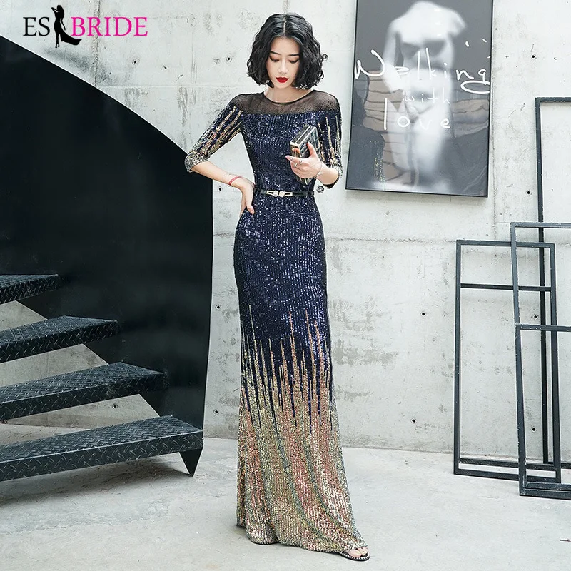 Блестящие синие золотые вечерние платья ES2964 с блестками и круглым вырезом