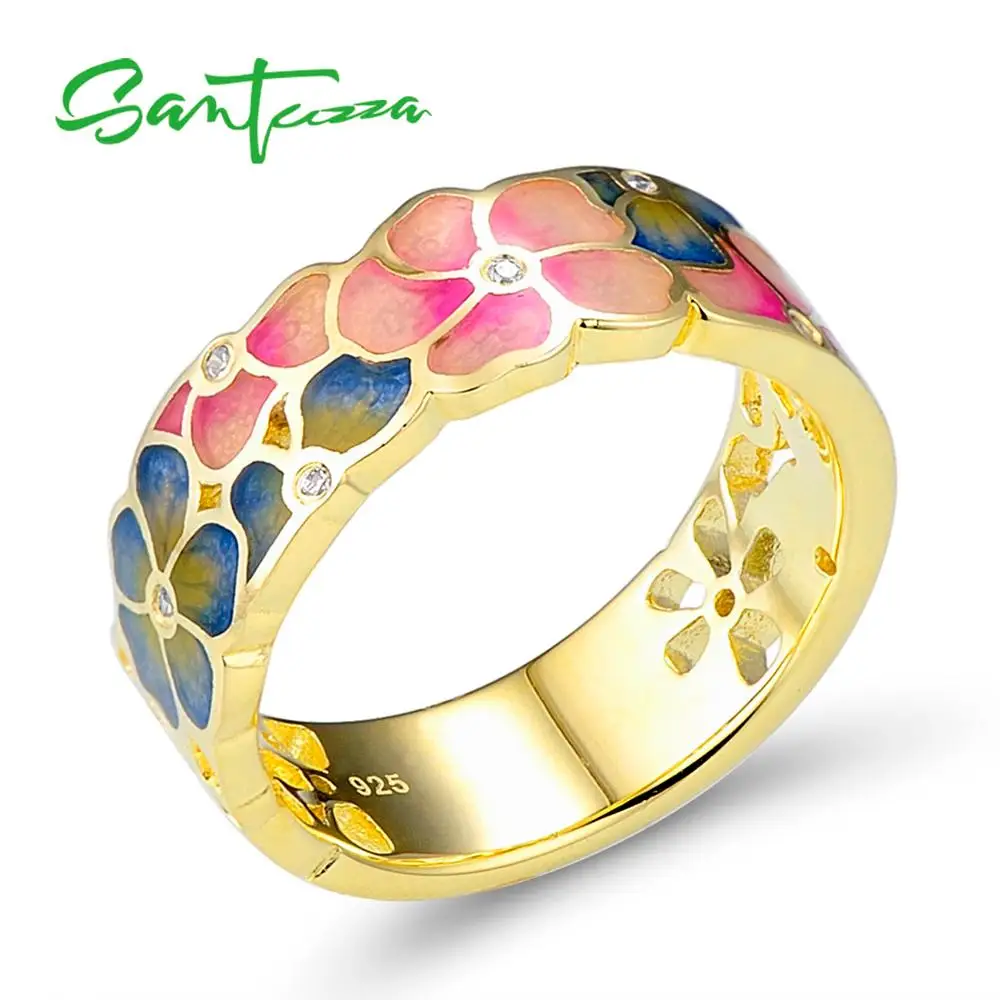SANTUZZA, серебряное кольцо для женщин, 925 пробы, серебряные, модные кольца для женщин, золотой цвет, кубический цирконий, кольца, вечерние ювелирные изделия, эмаль