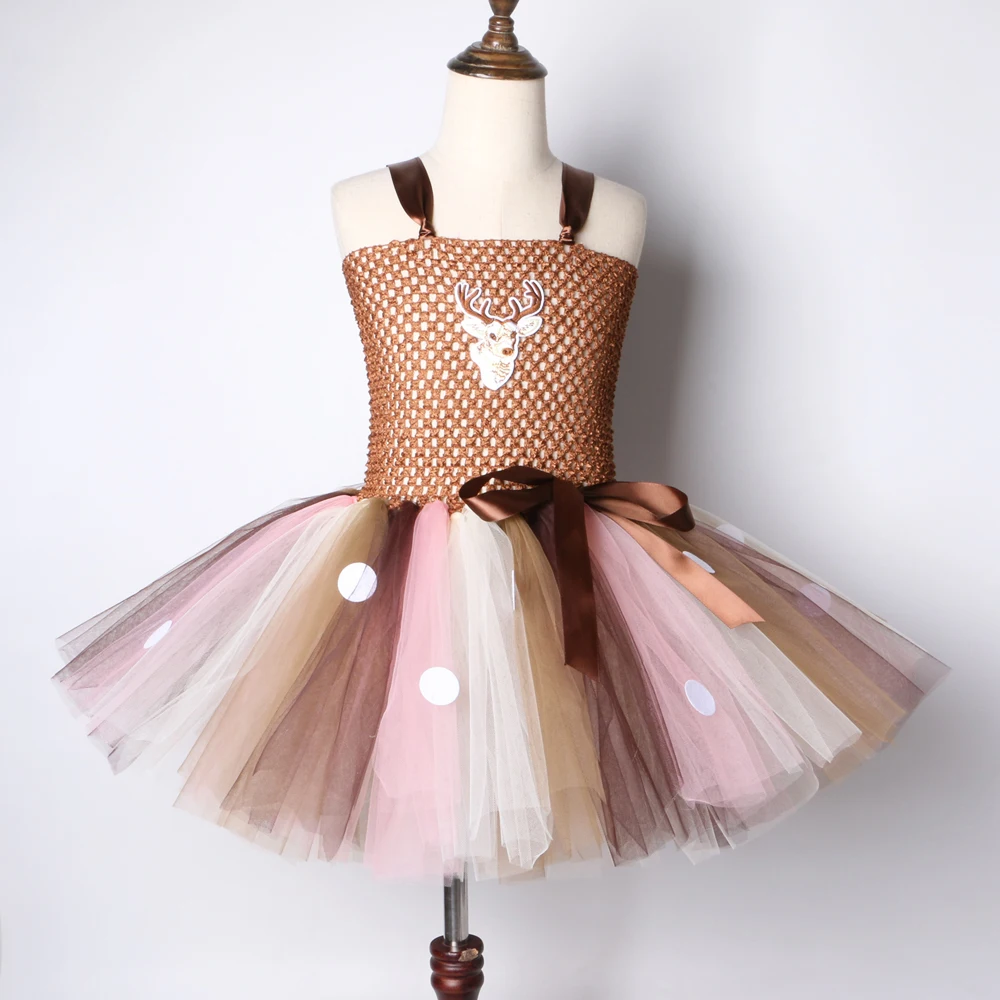 Платье-пачка для девочек коричневое с оленями на Рождество Хэллоуин детское