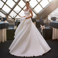 modest square neck wedding dress 2021 a line sleeveless pleat simple vintage long white bridal gown satin backless sweep train