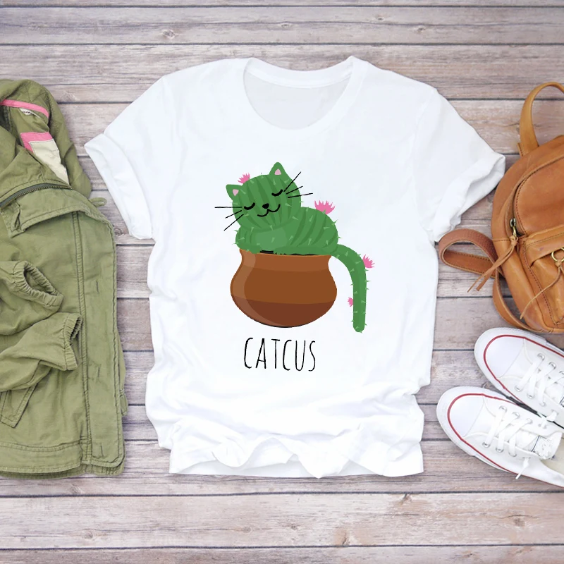 

Women Cartoon Cat Cute Funny Female Ladies Womens Tee T-Shirt 90s Clothing Summer Shirt T-shirts Top T Graphic