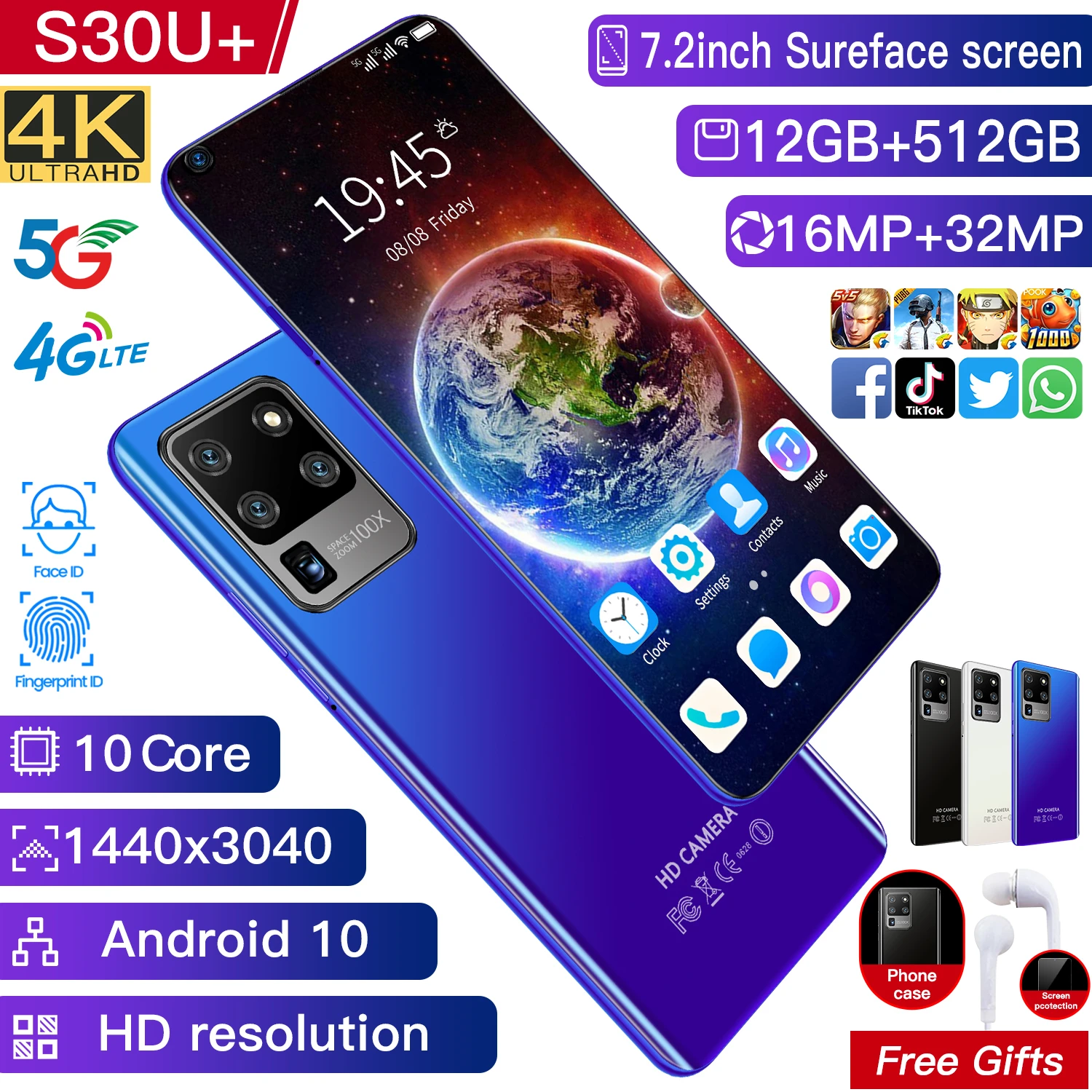 

S30U+ Mobile Phone 7.2 inch 512GB ROM 12GB RAM Smartphone 4800mAh free shipping Mobile Phone Cheap phone Android 10