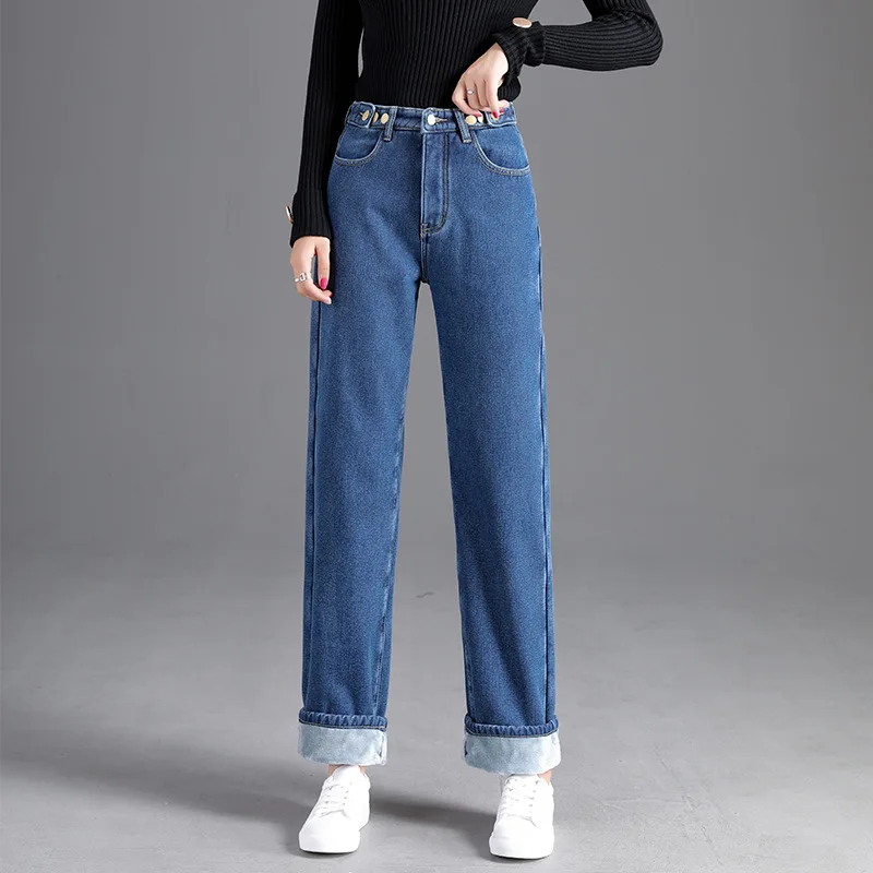 

Straight woman plus size high waist fleece boyfriend for women mom jeans velvet Button 2020 autumn winter warm black