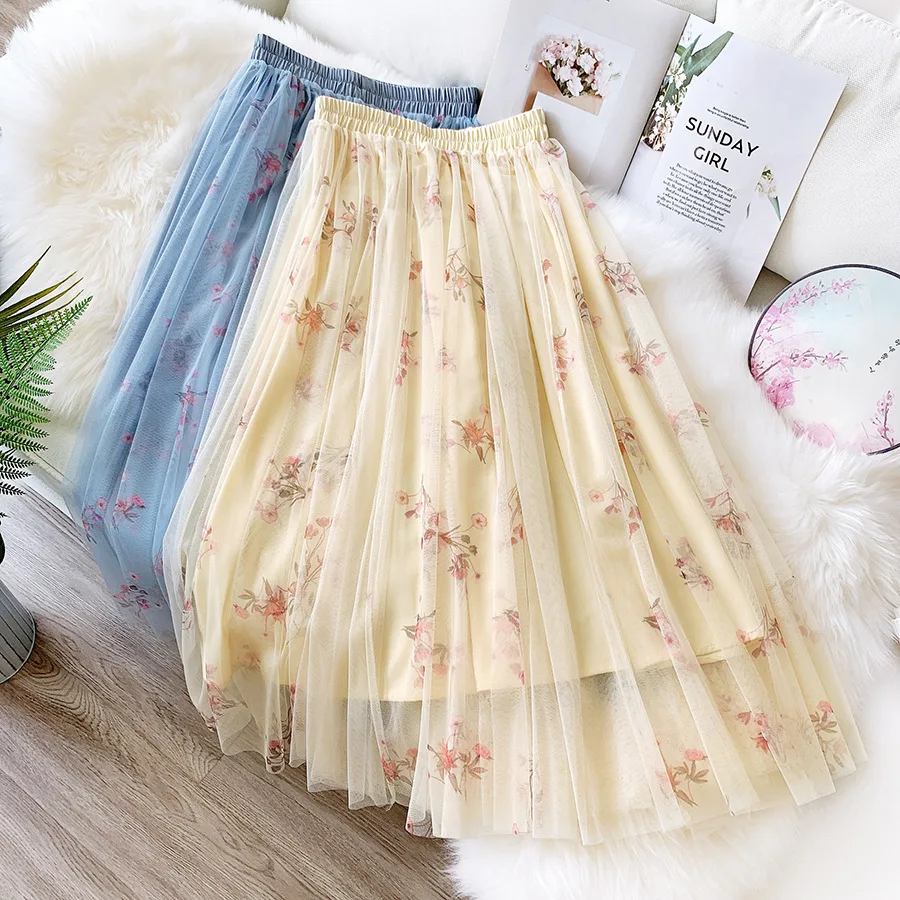 

Luxury Woman Mesh Skirts 2021 Korean Style Fashion Elastic Waist Floral Skirt Long PInk Tutu Skirts Kawaii Korean Tulle Skirt