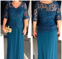 teal mother of the bride dresses v neck half sleeve floor length lace peplum plus size mother wedding guest gowns