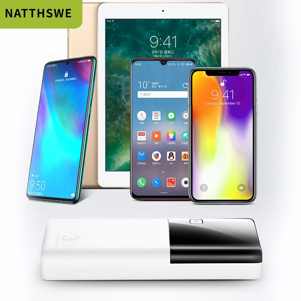 NATTHSWE 20000mAh Power Bank Fast Charge Powerbank 3 USB Port Poverbank Portable External Battery Charger for iphone | Мобильные
