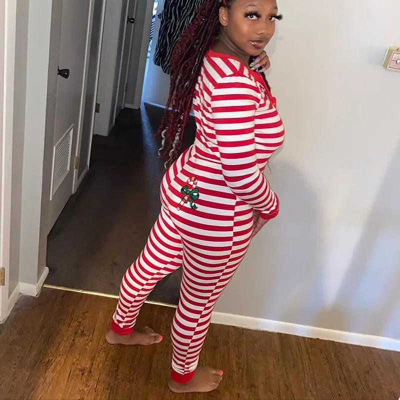 

Imcute Stripe Red Lovely Women Long Jumpsuit O Neck Full Sleeve Sexy Bodycon Catsuit Autumn Casual Streetwear Jumpsuit Rompers