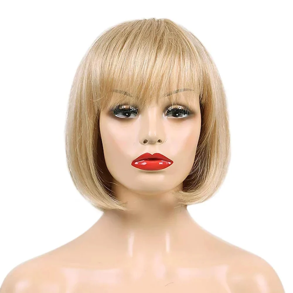 

Human Hair Blend Wig Short Straight Bob Short Hairstyles Straight With Bangs Women's Blonde Brown 12 inch