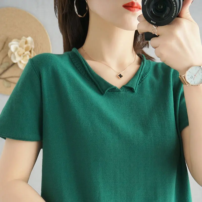 

Pure cotton knitted short-sleeved women's V-neck T-shirt 2021 new summer loose top half-sleeved bottoming shirt casual