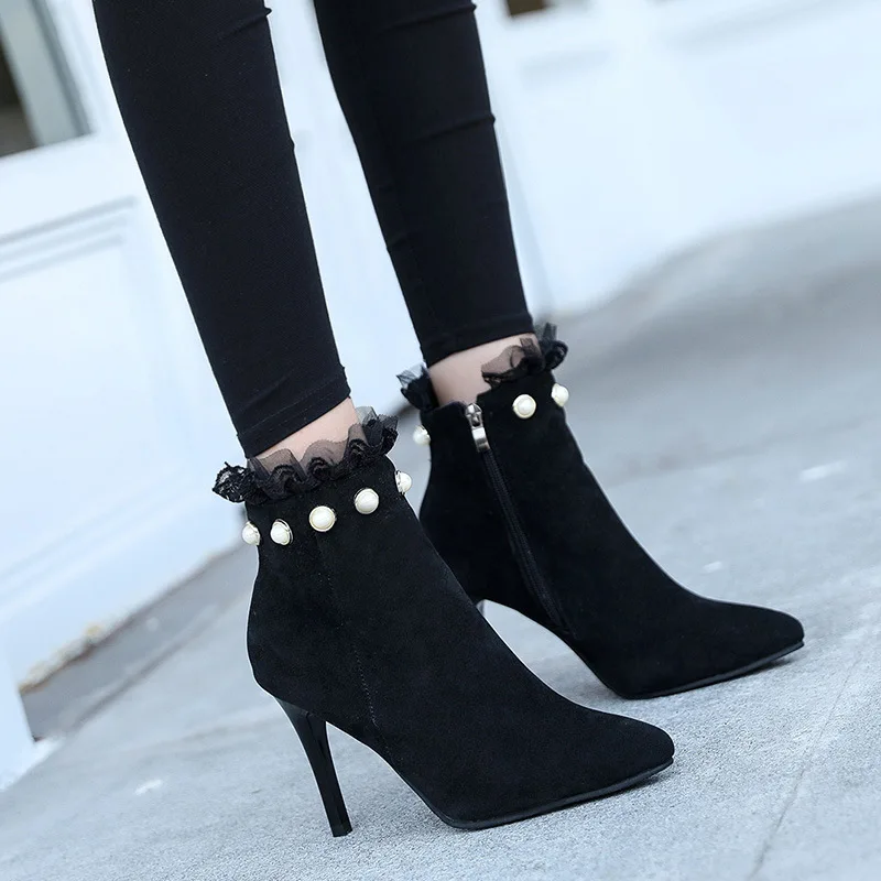 

Women Pointed Toe Pearl Zip Ankle Boots Lace Pump Sexy Thin High Heels Female Autumn Winter Ladies Flock Elegant Martin Boots