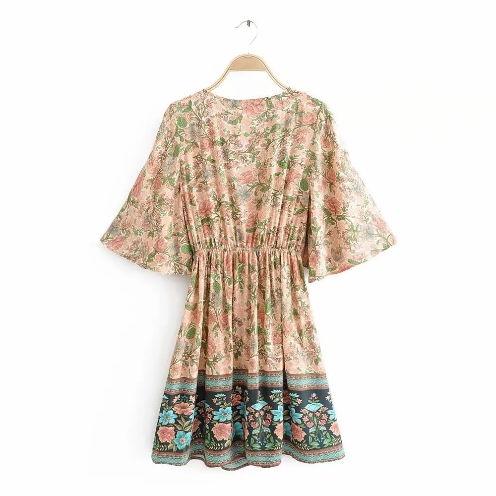 

ZOGAA Women Spring V Neck Chiffon Print Dress Self-tie Knot Front Ruffles Dress Female Sexy Short A Line Party Vestidos 2021