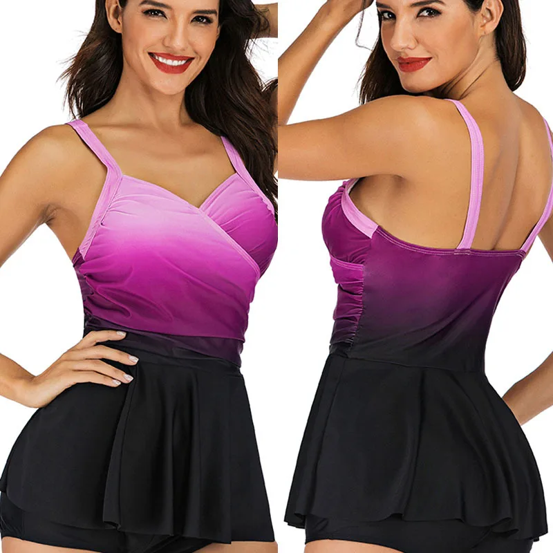 

Plus Size Two piece Swimsuit Women Gradiant Swimdress Swimwear Swim Dress Vintage Swimming Bathing Suit Retro Swim Skirt S-2XL