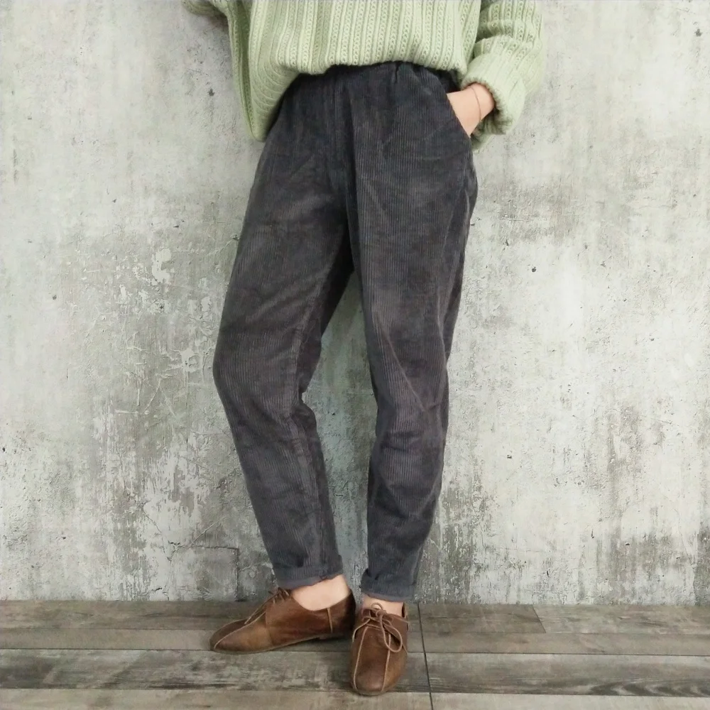 

Corduroy Pants For Women Elastic Waist Solid Color Trouser Spring New Women Cloths Pockets Casual Pants